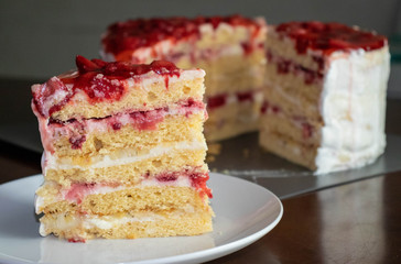 Milky girl cake with strawberry jam.