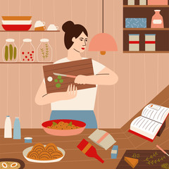 Woman cooking in kitchen. Young adorable woman looking at book with recipes and cooking. Flat vector illustration.