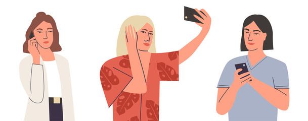 Collection of women with mobile phones. Young adorable women talking on their phone, taking selfie, texting. Set of different actions with telephone. Flat vector illustration