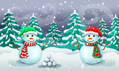 christmas snowy scene with couple of snowmen in santa hats. Christmas card template or holiday banner. winter forest landscape with smiling snowmen and falling snow. wonderland magic night backdrop.