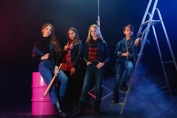 Rebel youth. Full length portrait of cocky children in stylish jeans and leather clothes. Concept...