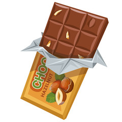 Chocolate bar with hazelnut. Milk chocolate. Sweetened block made from roasted and ground cacao seeds. Milk chocolate bar and pieces of hazelnut. Confectionery. Chocolate product.Vector graphics