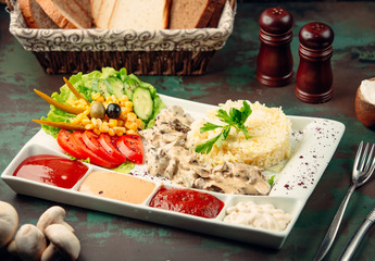 assortment salads with rice and different souces