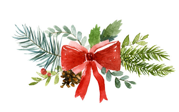 Watercolor illustration of Christmas wreath. Hand-drawn illustration of the white background