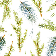 Watercolor pattern of Christmas-tree branch and prickles. Hand-drawn illustration on the white background