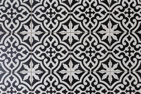 Floral Vintage Floor Tile in Black and White.