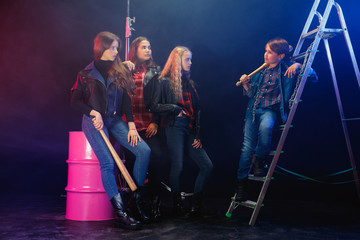 Rebel youth. Full length portrait of cocky children in stylish jeans and leather clothes. Concept...