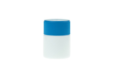 White plastic jar and blue lid isolated on white background.