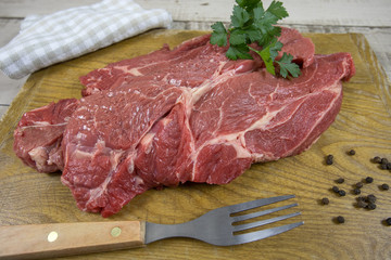 big raw steak on a cutting board