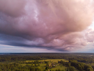 Summer landscape with a beautiful sunset. Aerial photography