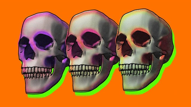 Funny seamless animation of a hand drawn skulls. Halloween background of a terror character cartoon style
