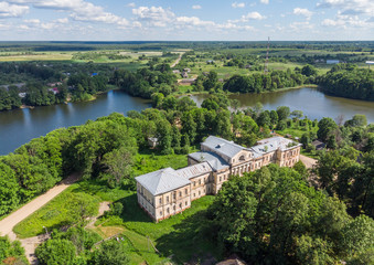 Fototapeta na wymiar Destroyed old manor near the village of Aleksino, Smolensk region, Russia, aerial photography