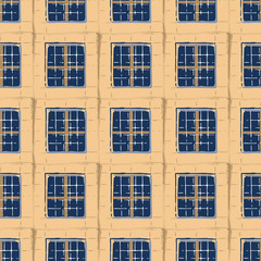 Seamless pattern of ancient maltese trellis windows with stone brick frames.