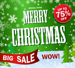 Green Banner Big sale. Text Merry Cristmas and Happy New Year. Wow On background of winter snow forest and snowflakes. Up to 75 off. Bright vector illustration.