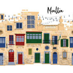 Traditional maltese houses made of sandy stone bricks with various doors, windows and balconies. - obrazy, fototapety, plakaty