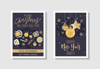 Set of Christmas gift cards with lettering and hand drawn design elements. Vector illustration.