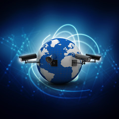 Fototapeta premium 3d rendering Surveillance CCTV Security Camera connected globe 