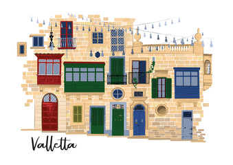 Part of traditional maltese houses in Valletta made of sandy stone bricks with various doors, windows and balconies - obrazy, fototapety, plakaty