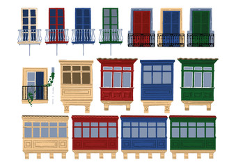Vector collection of traditional maltese balconies with various decorations and colors