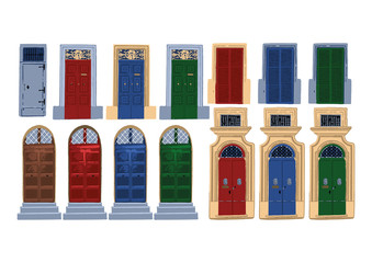 Vector collection of traditional maltese doors with various decorations and colors