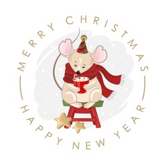 Christmas and New year holiday printing with mouse for wrapping paper or fabric with different elemets. Fashionable vintage style.
