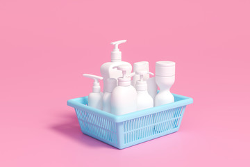 3D blue basket with white cosmetic packaging on pink background.