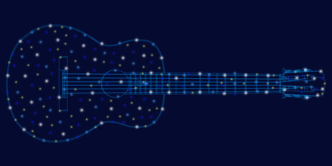 Obraz na płótnie Canvas The contour of an acoustic guitar of blue lines on a dark background with luminous lights. Cool for t-shirt prints or tattoo. Classic acoustic guitar. Vector illustration