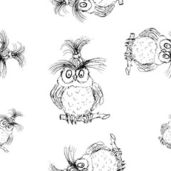 Watercolor hand drawn artistic  spooky sketchy line art Halloween owl  cartoon  vintage seamless pattern