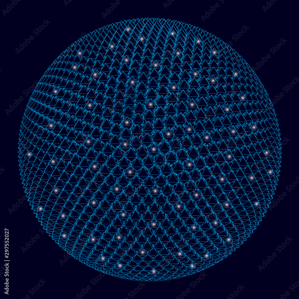 Poster abstract polygonal ball of blue lines on a dark background with luminous lights. wireframe 3d mesh p