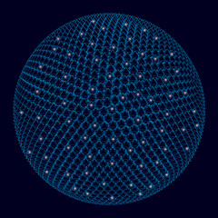 Abstract polygonal ball of blue lines on a dark background with luminous lights. Wireframe 3D mesh polygonal vector sphere. Network line, design sphere. Vector illustration