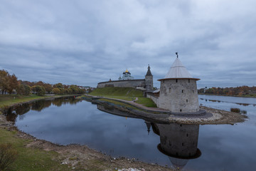 The mouth of the Pskova river. Confluence of the Pskova and Velikaya rivers. The Pskov Kremlin and The Ploskaya tower. Pskov, Russia