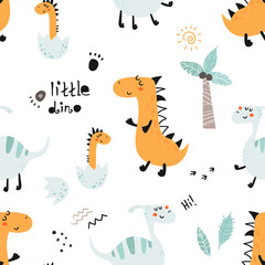 Seamless pattern with cute dinosaurs.