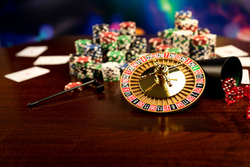 Casino theme. Gambling games. Closeup of the roulette wheel.