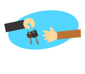 Handover of keys on a blue background. Vector illustration.