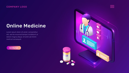Online medicine isometric concept vector illustration. Distance or telemedicine app. Computer screen with doctor figure, chat messages and pills and tablets on purple background - obrazy, fototapety, plakaty