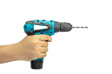 Hand holding a drill isolated on white background with clipping path.