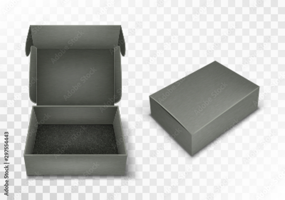Poster gray blank cardboard box with flip top, realistic vector illustration. rectangular caton pack with o