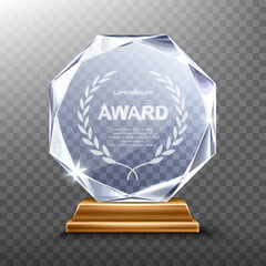 Glass award trophy or winner prize realistic vector illustration. Transparent crystal plate or acrylic diamond frame with laurel wreath on wooden pedestal, isolared front view with light and shadow - obrazy, fototapety, plakaty