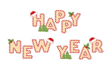 Lettering Happy New Year for banners and cards isolated on white background with decorations. Vector illustration