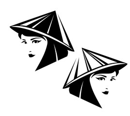 beautiful thai woman wearing traditional cone straw hat - asian girl black and white simple vector portrait