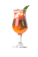 Strawberry Mojito Cold summer cocktail with strawberries, mint, lemon and ice isolated on white background