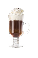 Latte coffee with whipped cream in coffee mug isolated on white background