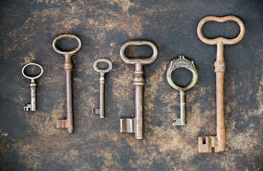 Group of antique keys, teamwork, cooperation concept