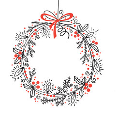 Christmas Festive wreath of fir branches, holly, garland lights. Graphic vector illustration - 297555879