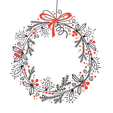 Christmas Festive wreath of fir branches, holly, garland lights. Graphic vector illustration