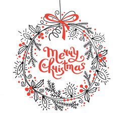Obraz na płótnie Canvas Merry Christmas card. Festive wreath of fir branches, holly, garland lights. Graphic vector illustration