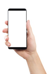Hand holding a black smartphone, isolated on white background