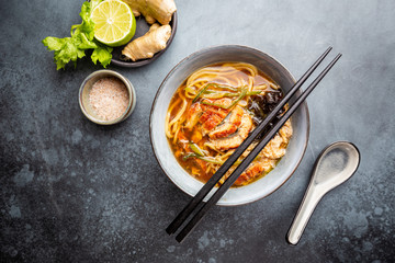 japanese soup with fried eel Yanagawa Nabe in a bowl on gray background, top view