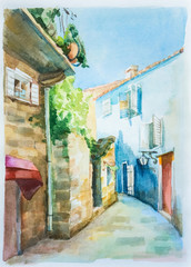 On white paper, the street of a European city, illuminated by the sun, is pictorially painted by hand in watercolor. The blue sky, greenery, a French balcony with a flower give freshness