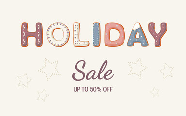 Holiday Sale banner with gingerbread cookies on white background. Happy new year symbol. Vector poster.